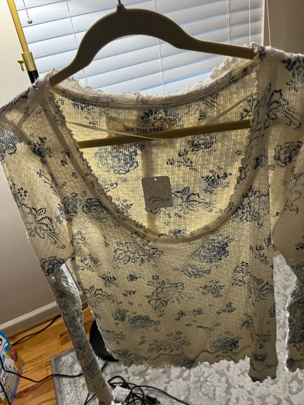 We The Free Cream Floral Ribbed Long Sleeve Scoop Top
